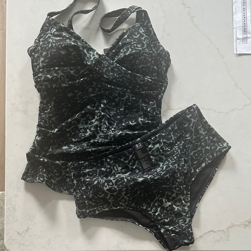 Long Tall Sally Black and Green Animal Print Tankini for Tall Women